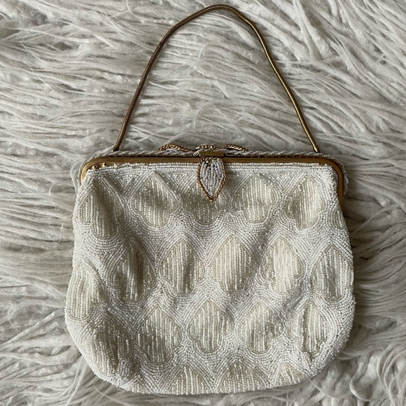 Calvaire New York Vintage Ivory Beaded Gold Hardware Small Evening Bag Pouchette - Picture 1 of 12
